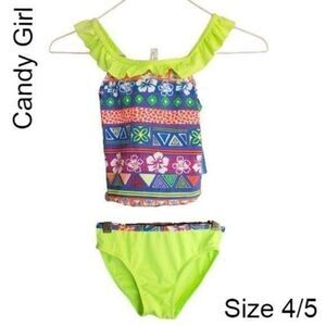 Girls Swimwear Tankini 2 piece Yellow Graphic Ruffle Toddler Size 4-5 NWT
